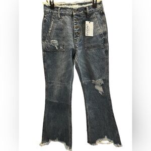 Evidnt Button Fly Raw Hem Distressed Flare Jeans new with tags Saint Denis 28